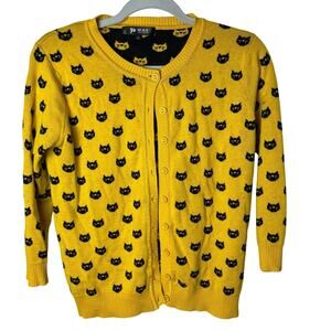 Ye Mak Women’s L Yellow Black Cat Print Button Cardigan Sweater Twee Novelty